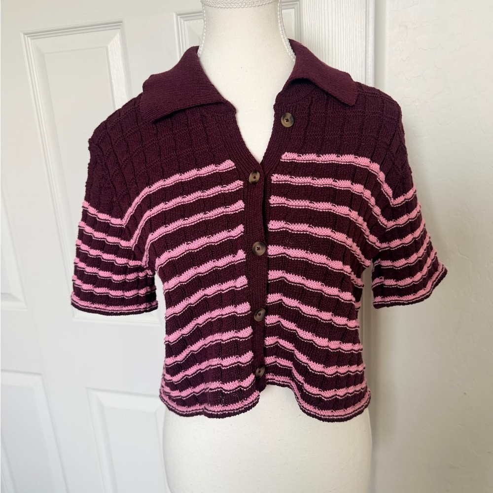 Kimchi Blue Burgundy and Pink Striped Knit Short-Sleeve Cardigan